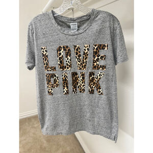 Gray T-Shirt brand PINK. Black shorts size small, leopard shorts size small.